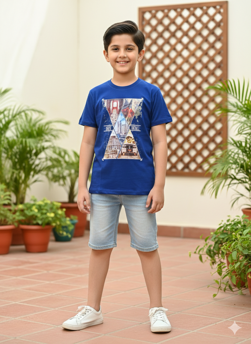 Boys' Blue T-Shirt with Multi-Frame Landmark Graphic