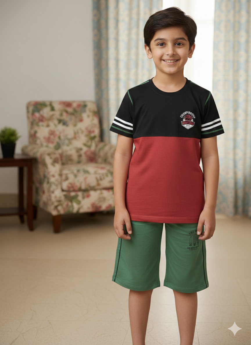 Boys' Sporty Crew Neck Top with Striped Sleeve Detail and Green Shorts
