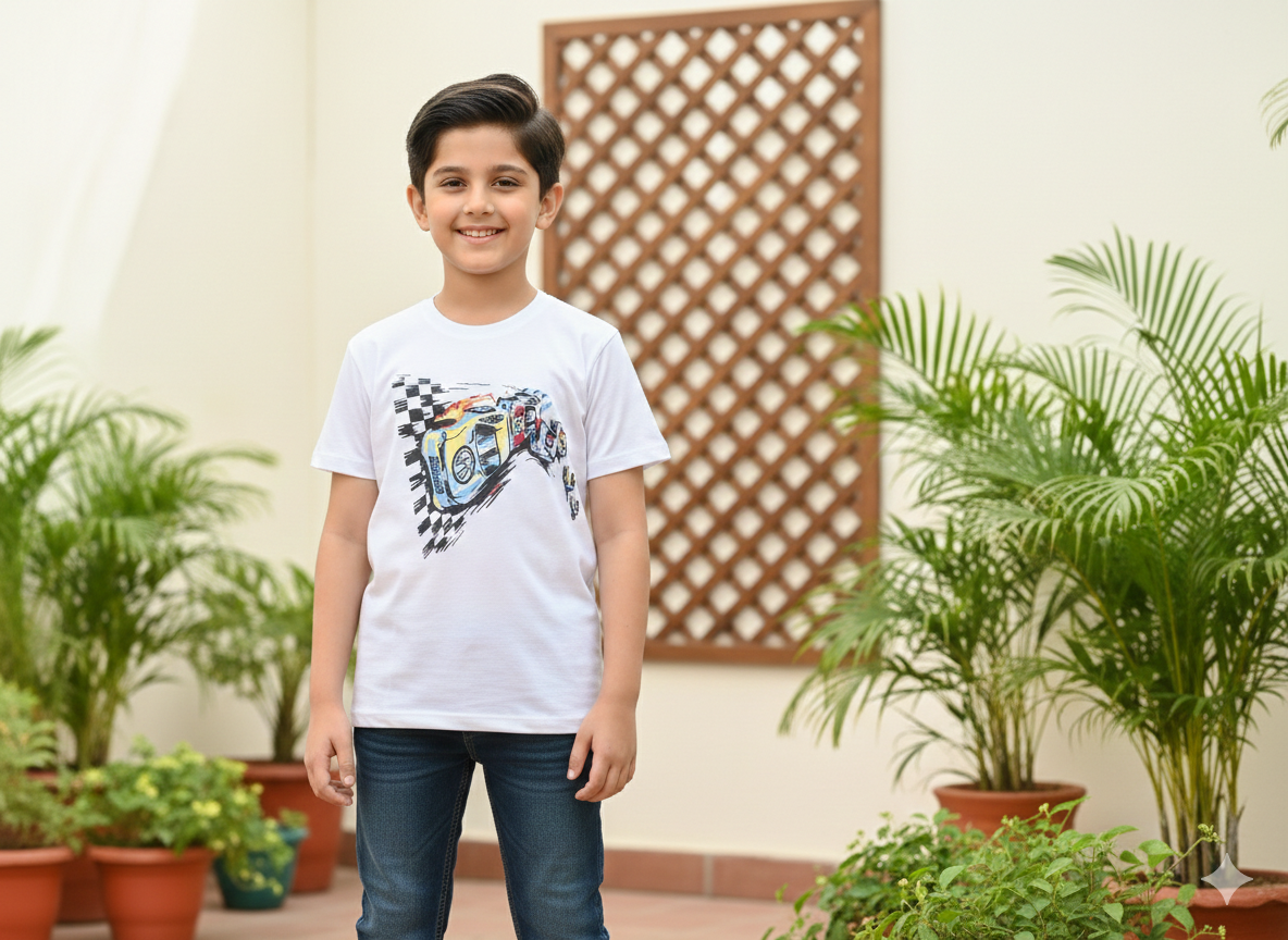 Boys' White T-Shirt with High-Speed Race Car Illustration