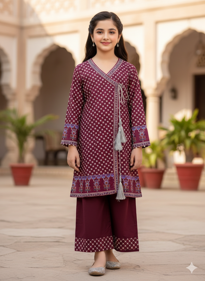Girls' 2-Piece Ethnic Wear – Cross-Over Kurta and Wide-Leg Trousers