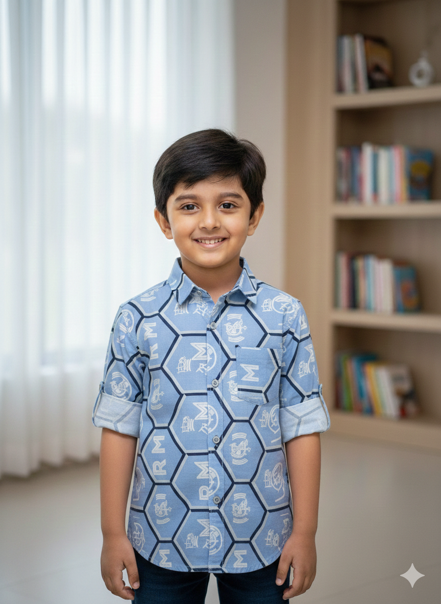 Premium Cotton Sky Blue Hex-Print Shirt for Smart-Casual Wear