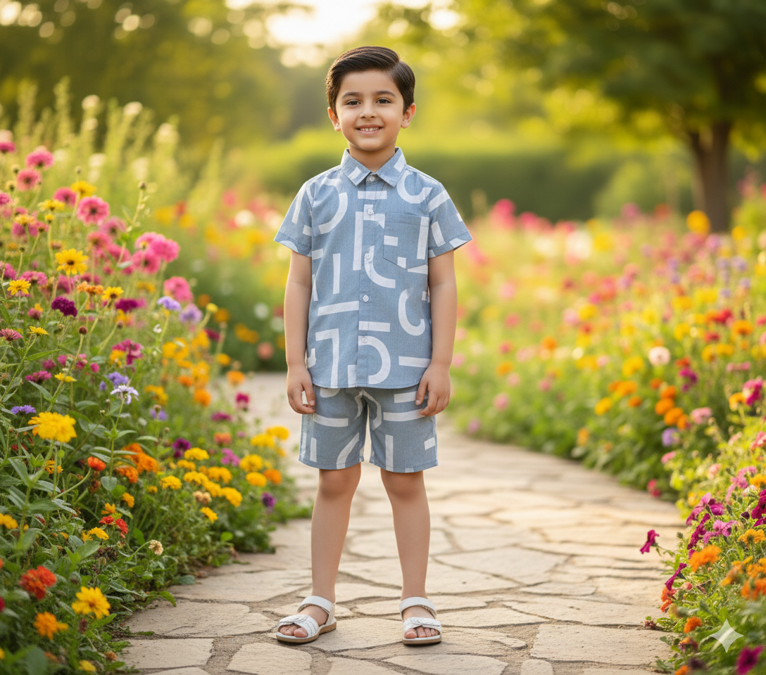 Premium Cotton Abstract Line Print Shirt with Matching Shorts