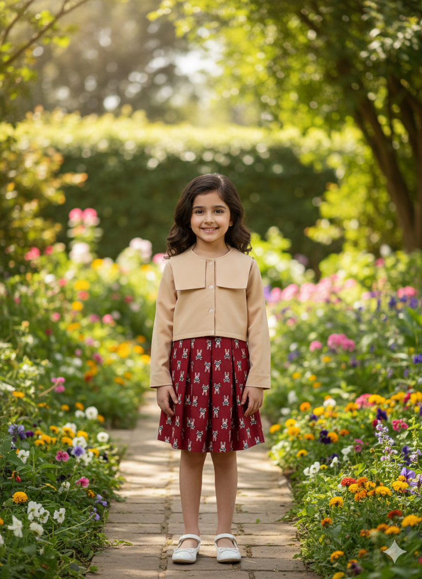 Girls' Maroon Bunny Print Pleated Dress with Beige Cropped Jacket Set