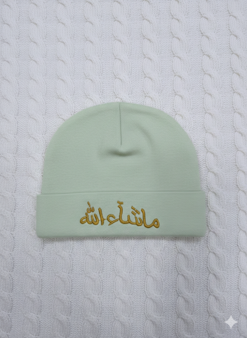 Premium Baby Blessing Beanie – "Masha’Allah" Gold Embroidery Newborn Cap