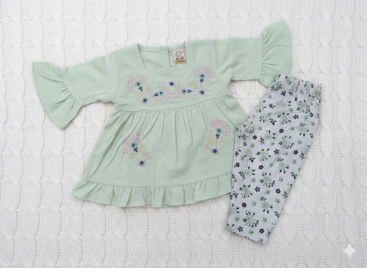 White & Indigo Hand-Stitched Tunic with Coordinating Patterned Pants