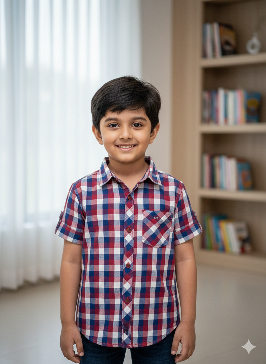 Boys' Red & Blue Plaid Checkered Cotton Casual Shirt