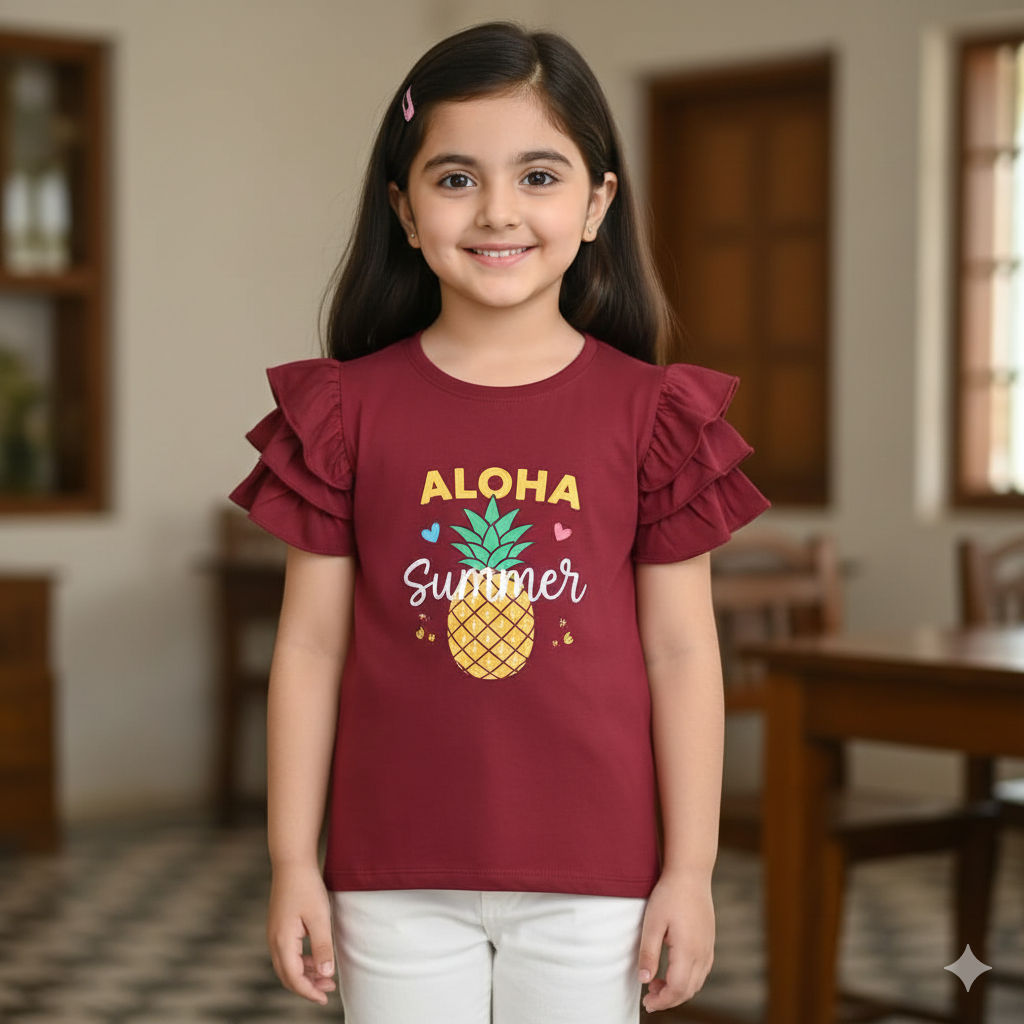 Girls' Maroon T-Shirt with Pineapple Graphic and Tiered Sleeves
