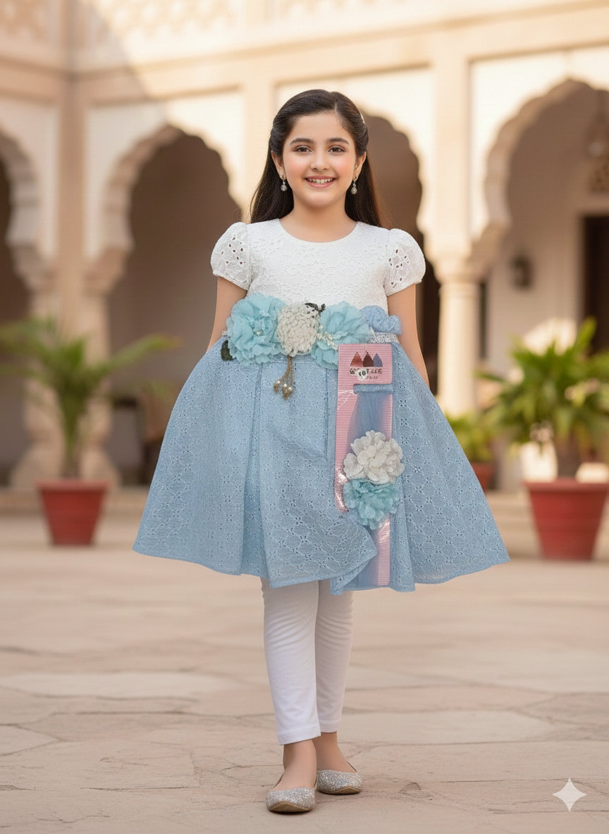 Girls' Chikan Kari Floral Waistband Lace Frock with Cap Sleeves