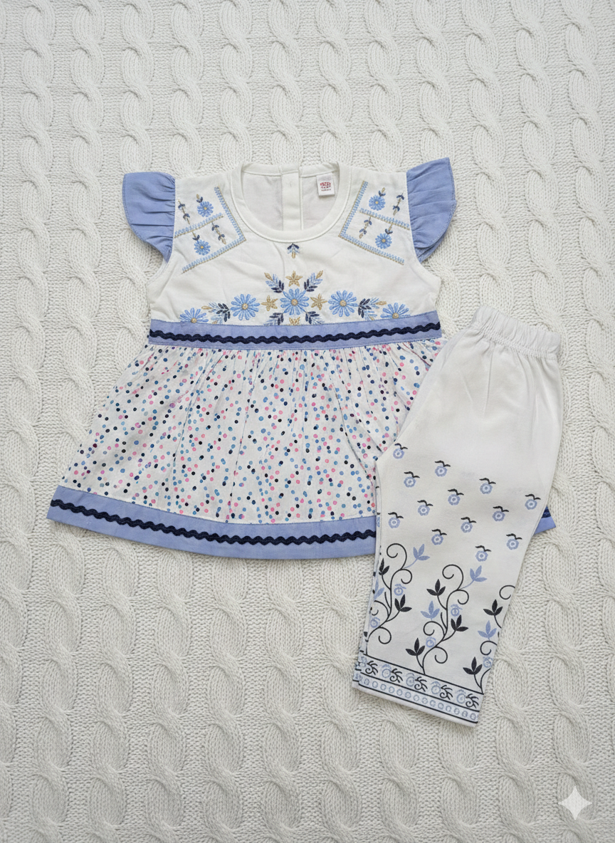 White & Indigo Hand-Stitched Tunic with Coordinating Patterned Pants