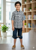 Kids' Classic Monochrome Checkered Shirt with Roll-Up Sleeves
