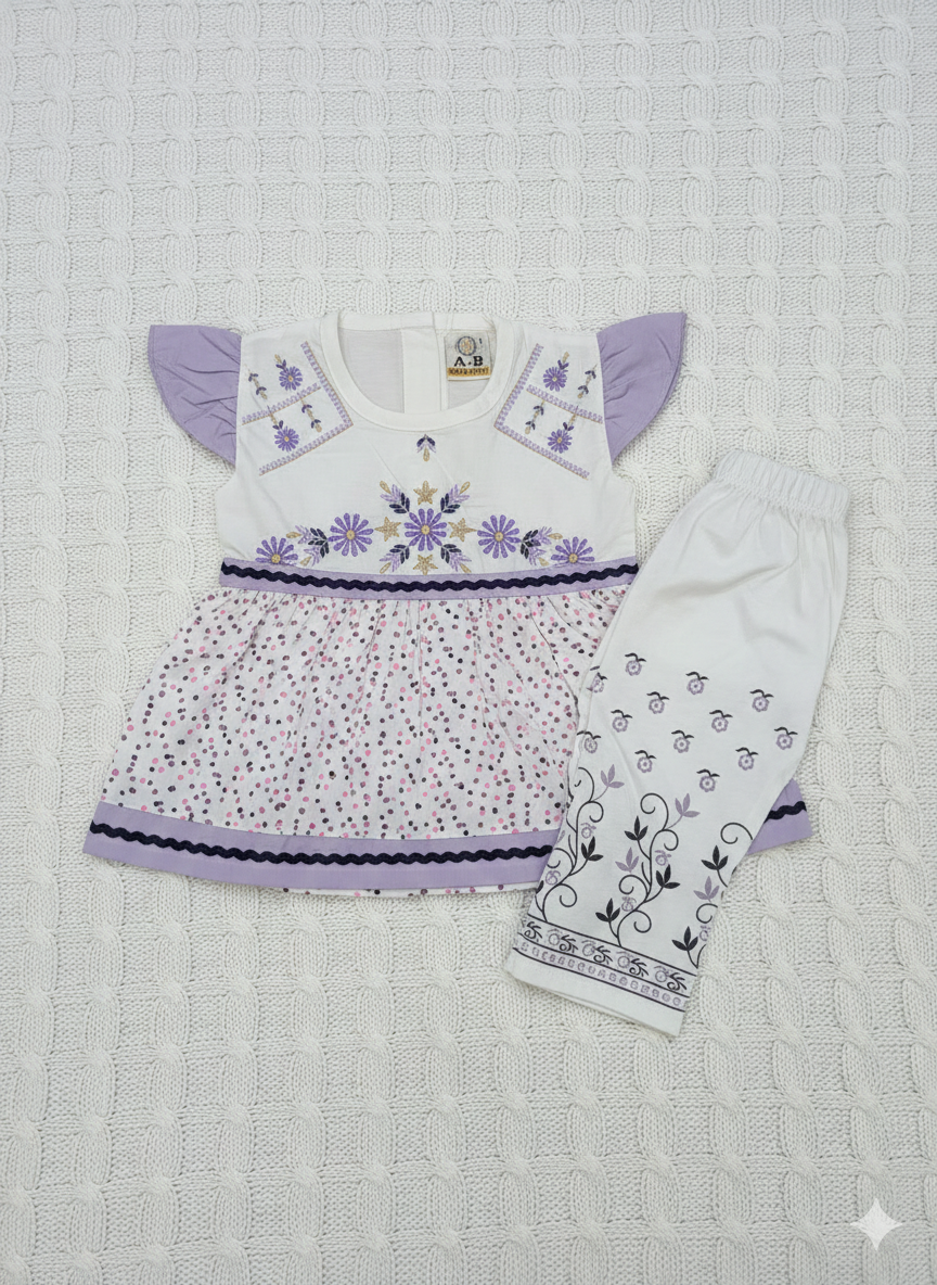 White & Indigo Hand-Stitched Tunic with Coordinating Patterned Pants