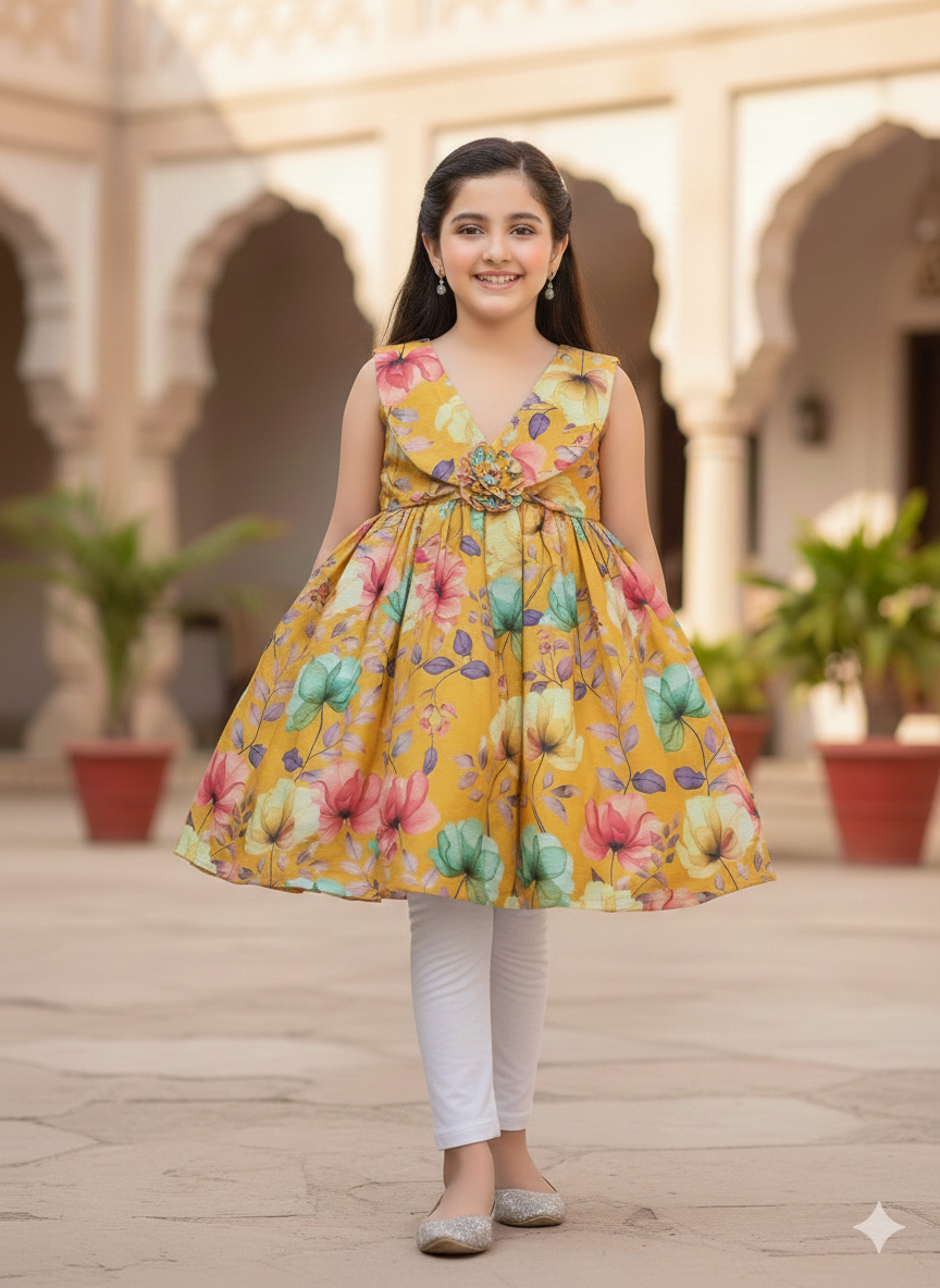 Girls' Chikan Kari Floral Waistband Lace Frock with Cap Sleeves