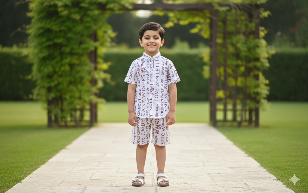 Premium White Script-Patterned Cotton Co-ord Set for Boys