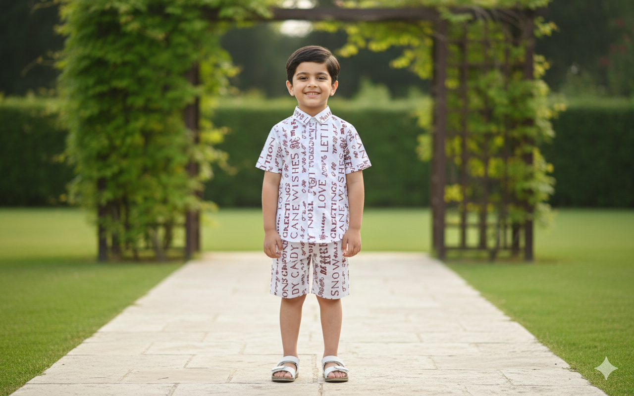 Premium White Script-Patterned Cotton Co-ord Set for Boys