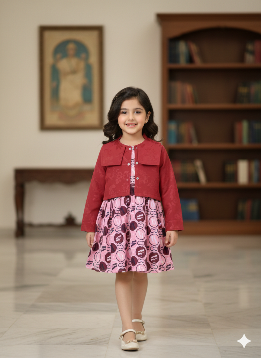 Girls' Pink Graphic Print Party Dress with Red Cropped Jacket Set