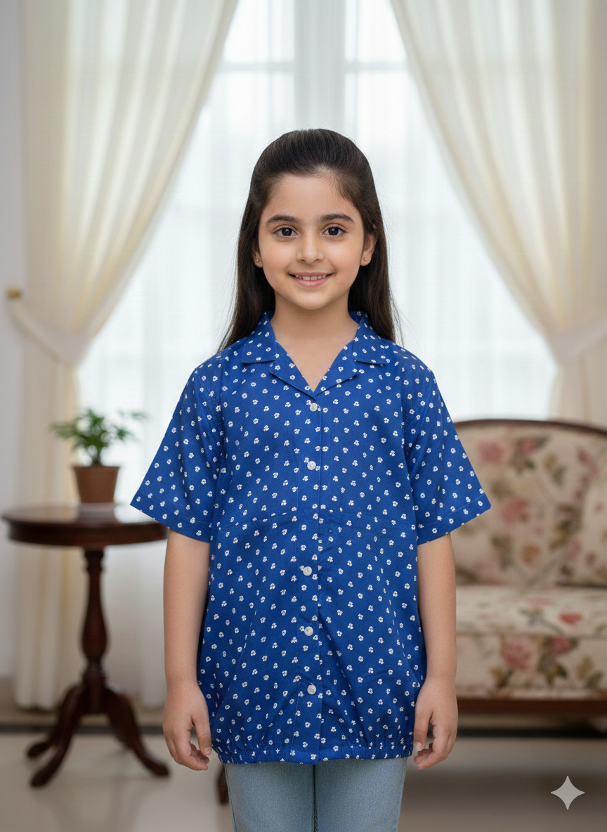 Mint Green Notch-Collar Shirt with Delicate Prints