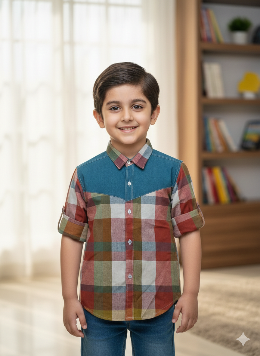 Boys' Multi-Color Plaid Check Shirt with Teal Contrast Yoke