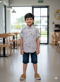 Kids' Interactive Construction Print Short-Sleeve Cotton Shirt