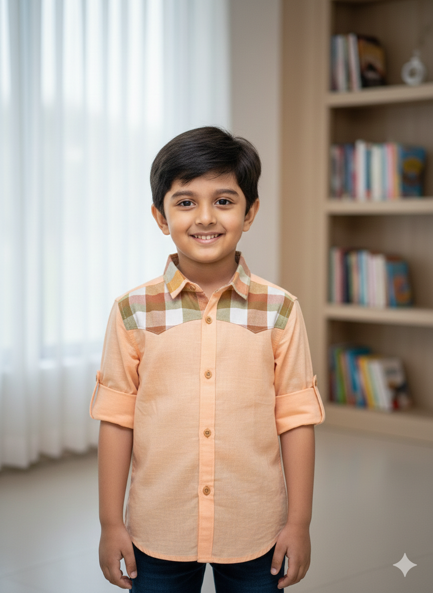 Kids' Smart-Casual Peach Button-Down with Roll-Up Sleeves