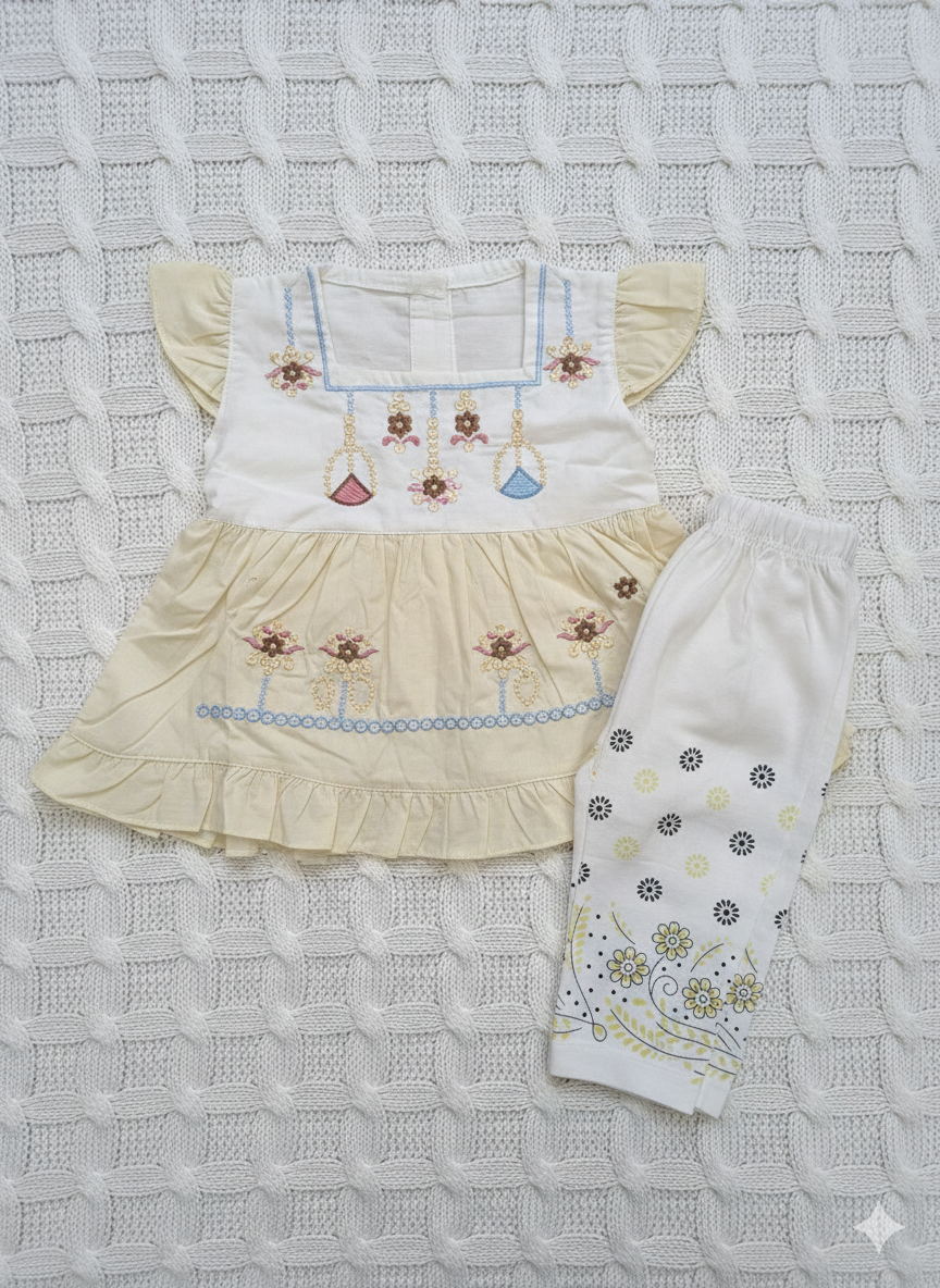 White & Indigo Hand-Stitched Tunic with Coordinating Patterned Pants