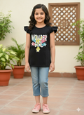 Girls' Black T-Shirt featuring Flutter Sleeves and Pastel Graphic