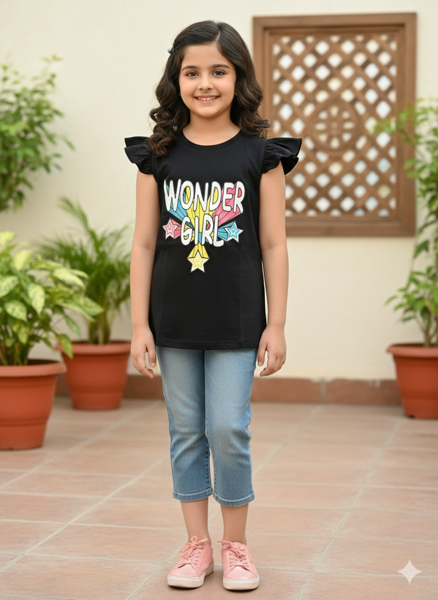 Girls' Black T-Shirt featuring Flutter Sleeves and Pastel Graphic