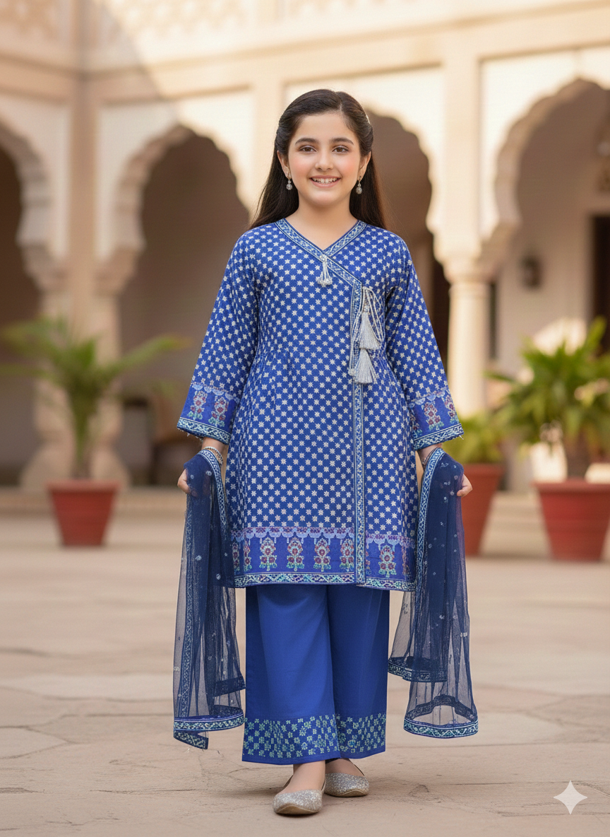 Girls' Cobalt Blue Ethnic Set with Silver Tassels