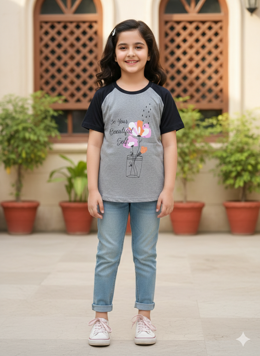 Girls' Contrast Sleeve T-Shirt with Floral Jar Graphic