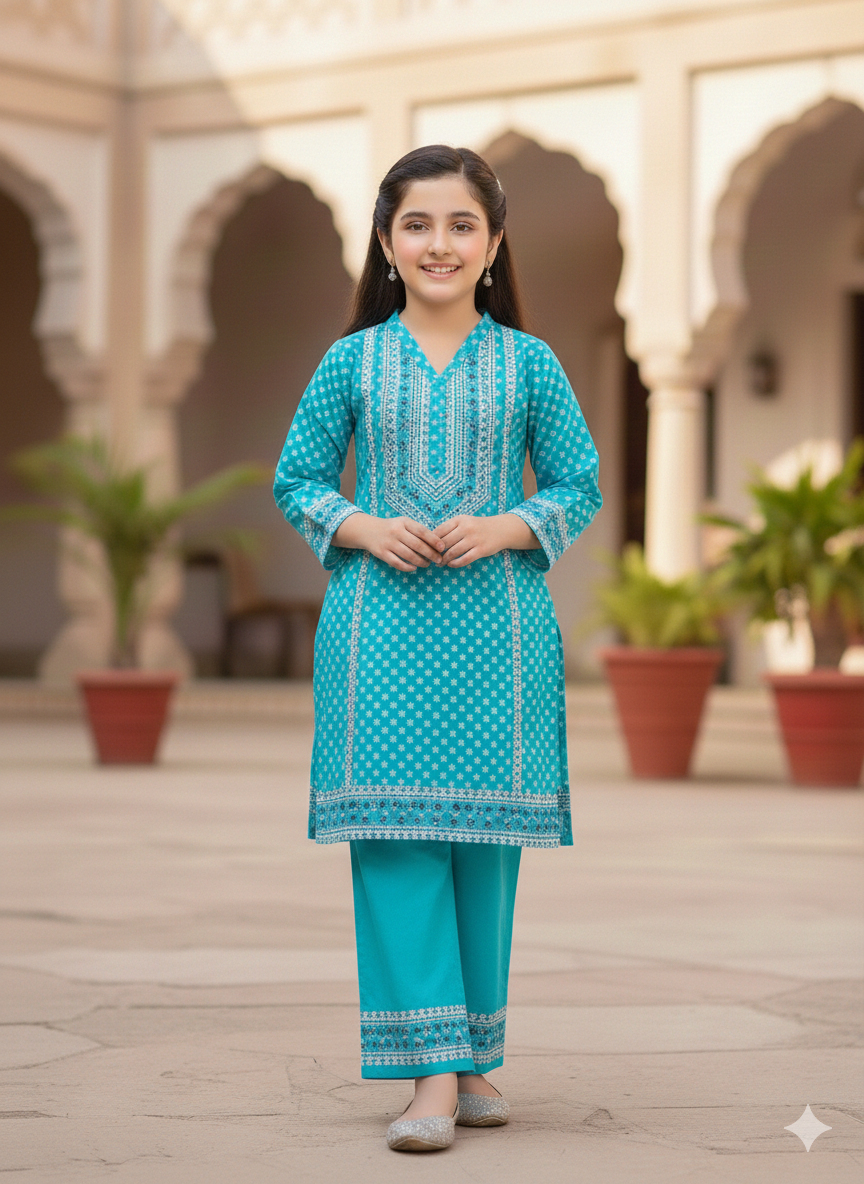 Girls' Teal Blue Straight Kurta with Geometric Borders