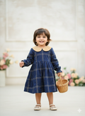 Little Blossoms Navy Checkered Full-Sleeve Dress with Contrast Peter Pan Collar