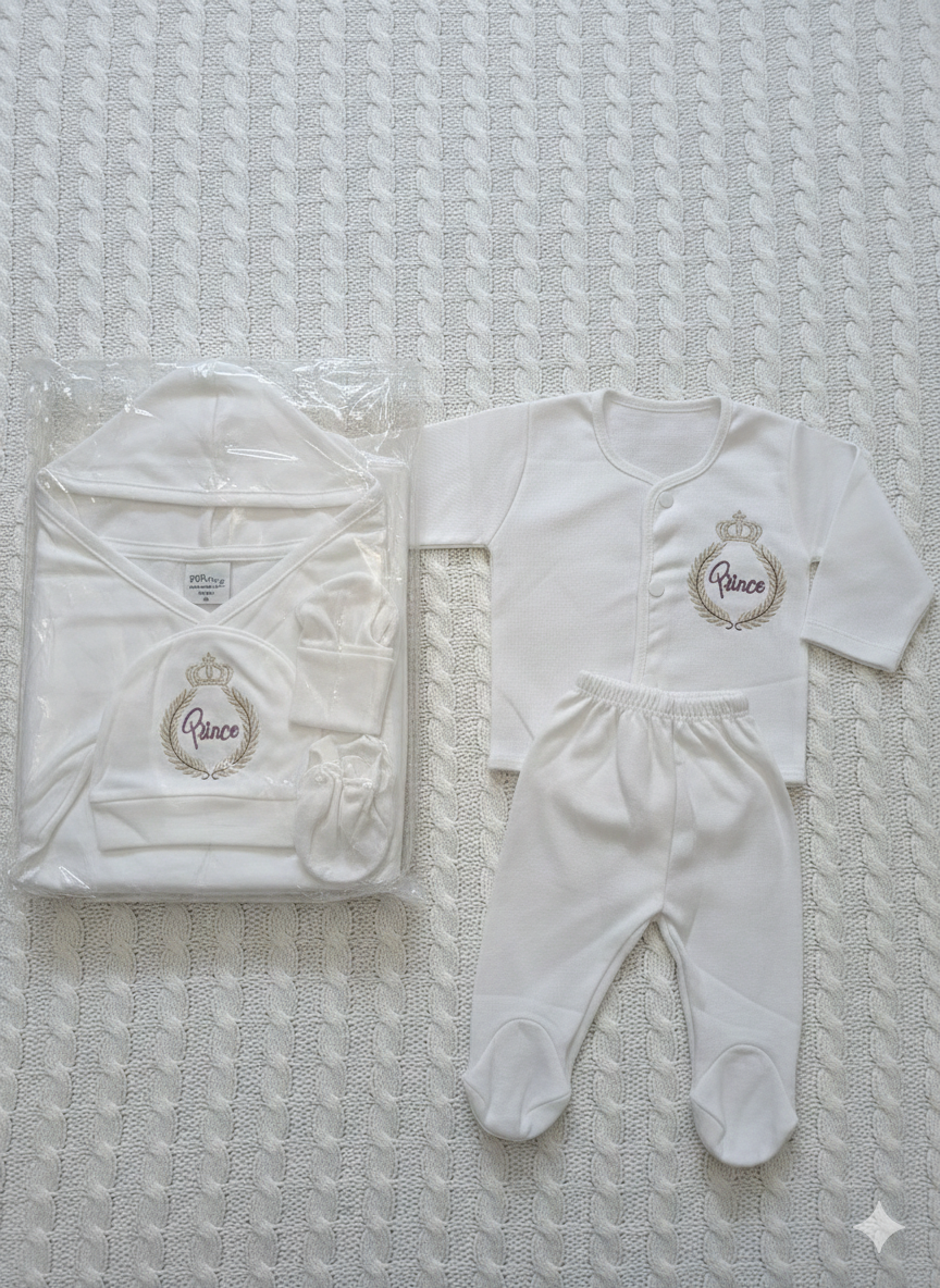 Newborn "Prince" 5-Piece Complete Gift Set – Luxury Embroidery Cotton Essentials