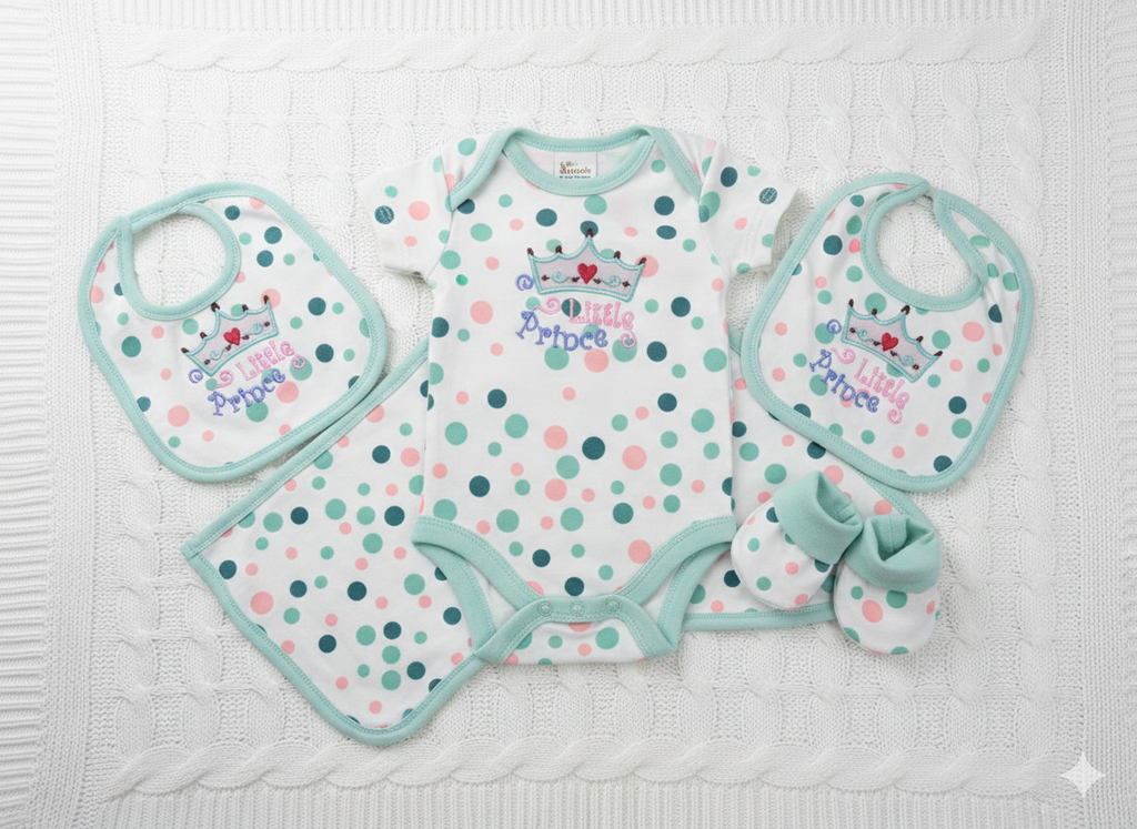 Polka Dot Romper & Accessories Set with Crown Embroidery