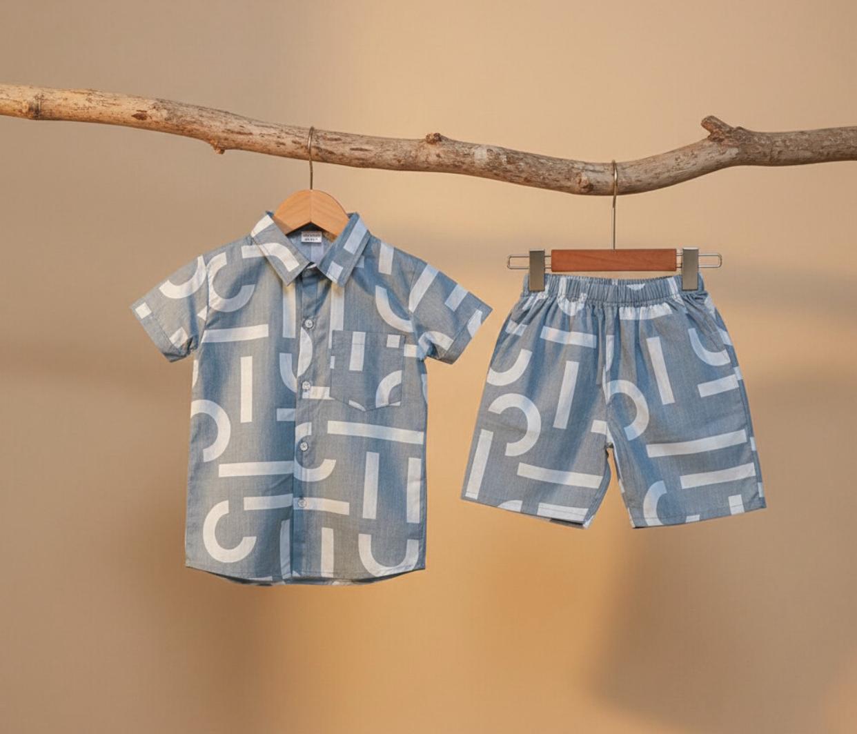 Premium Cotton Abstract Line Print Shirt with Matching Shorts