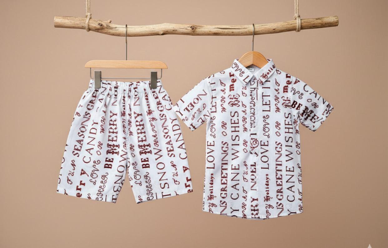 Premium White Script-Patterned Cotton Co-ord Set for Boys