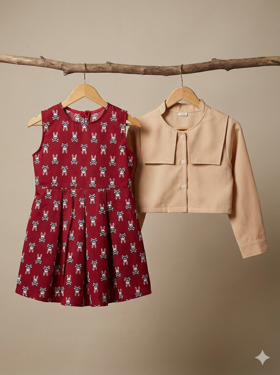 Girls' Maroon Bunny Print Pleated Dress with Beige Cropped Jacket Set