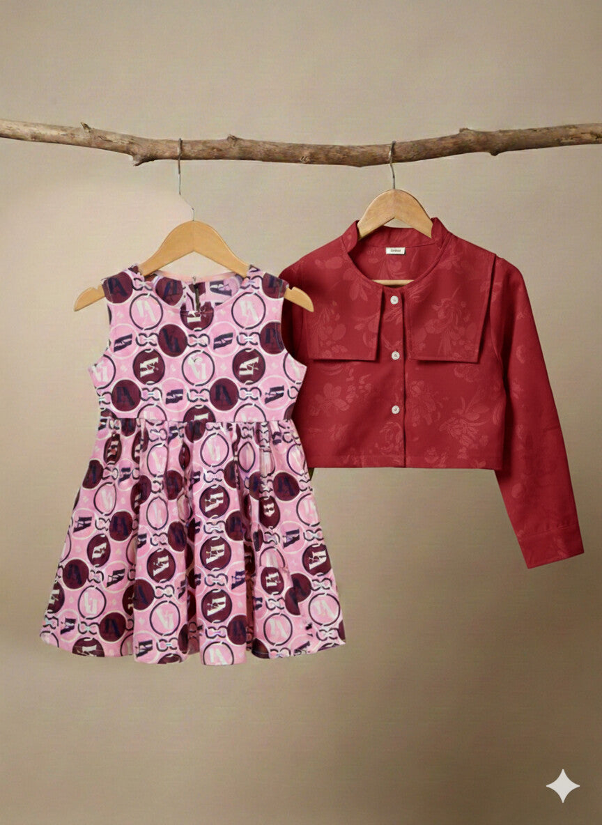 Girls' Pink Graphic Print Party Dress with Red Cropped Jacket Set