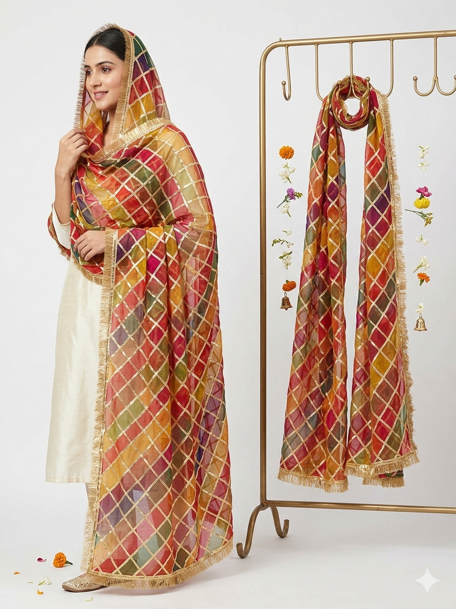 Vibrant Elegance: Multi-Color Checkered Gota Patti Dupatta