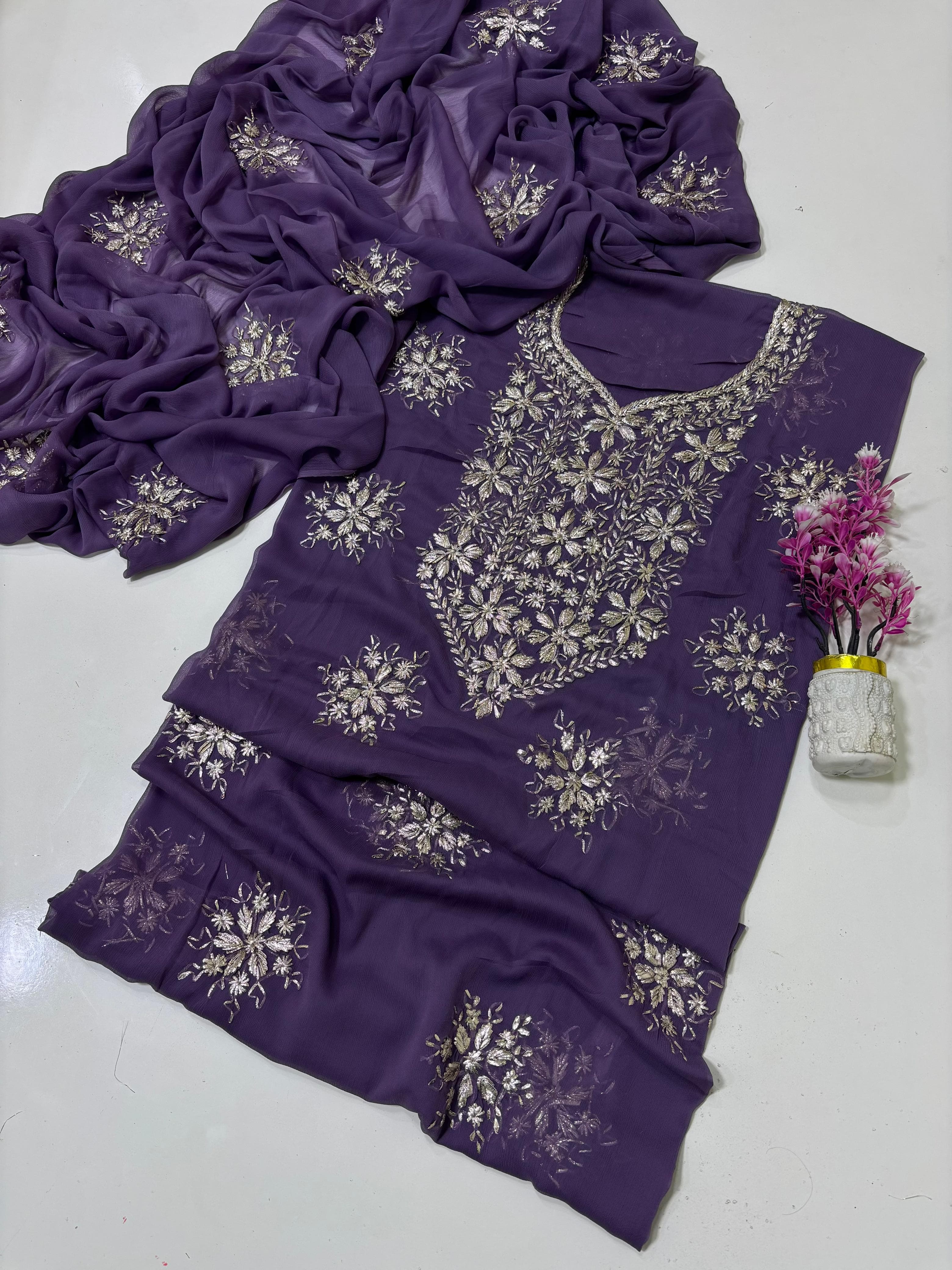 Exquisite Silver Bloom Chiffon Suit