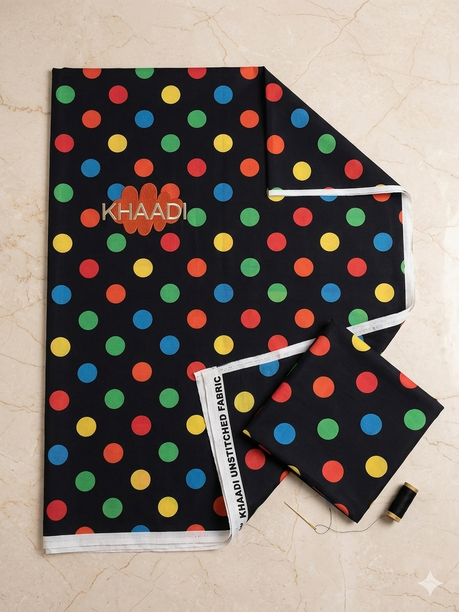 Classic Black Polka Dot Unstitched Dress Material with Colorful Prints