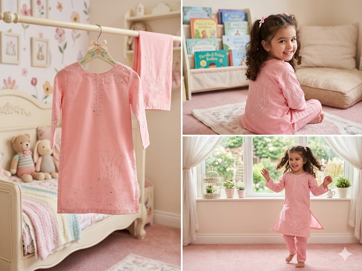 Adorable Peach Cotton Kurta Set with Silver Threadwork – Stylish Daily & Party Wear for Kids