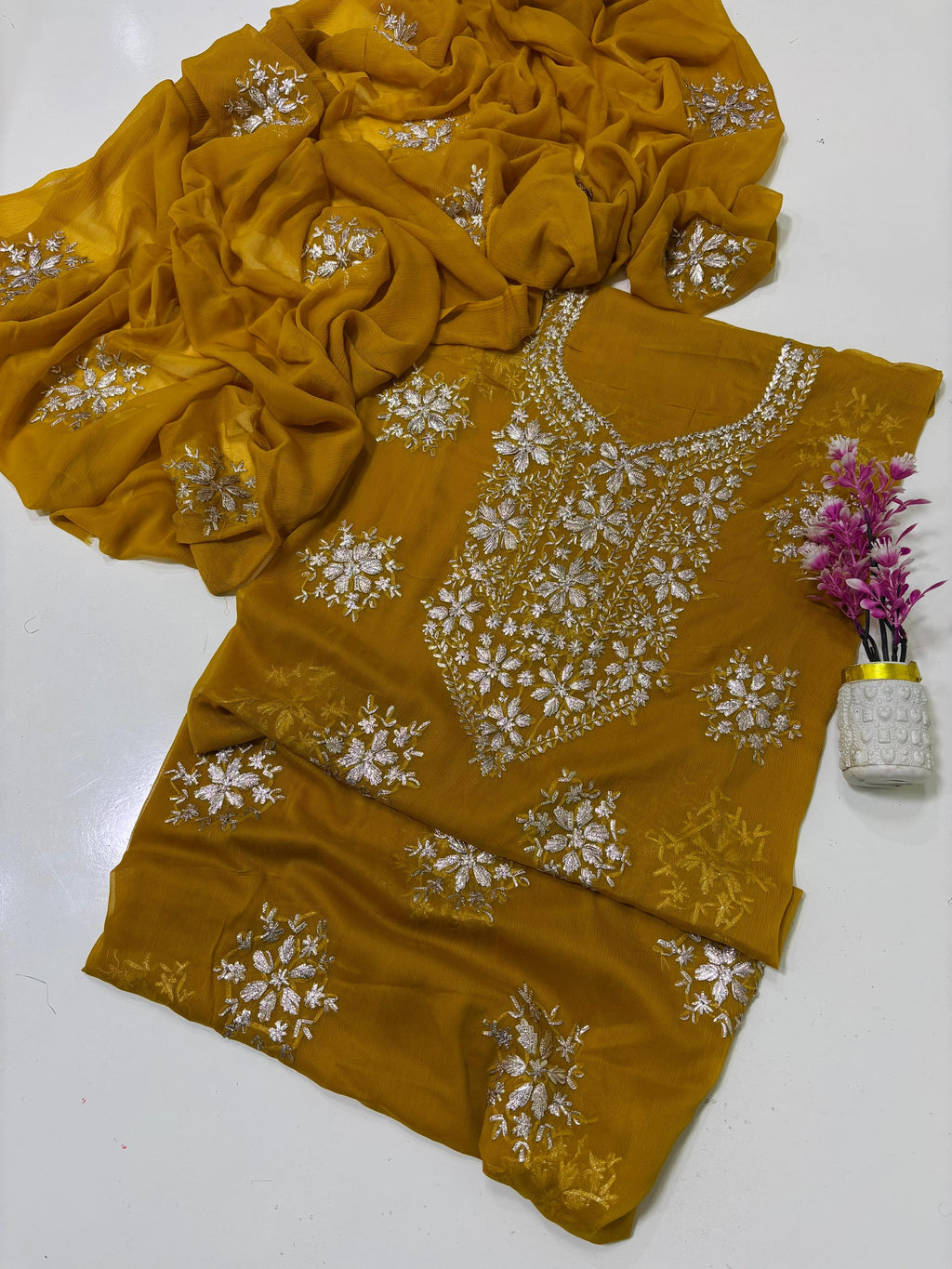Exquisite Silver Bloom Chiffon Suit