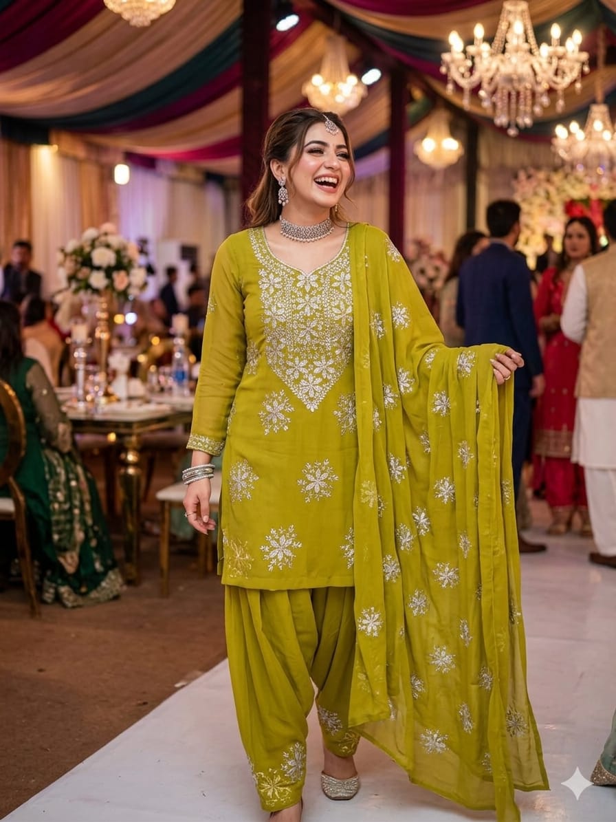 Exquisite Silver Bloom Chiffon Suit