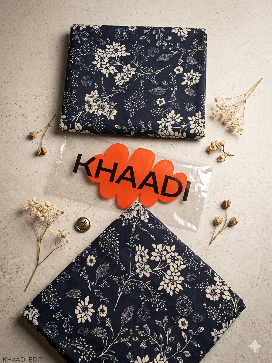 Elegant Navy Blue Floral Printed Unstitched Lawn Suit