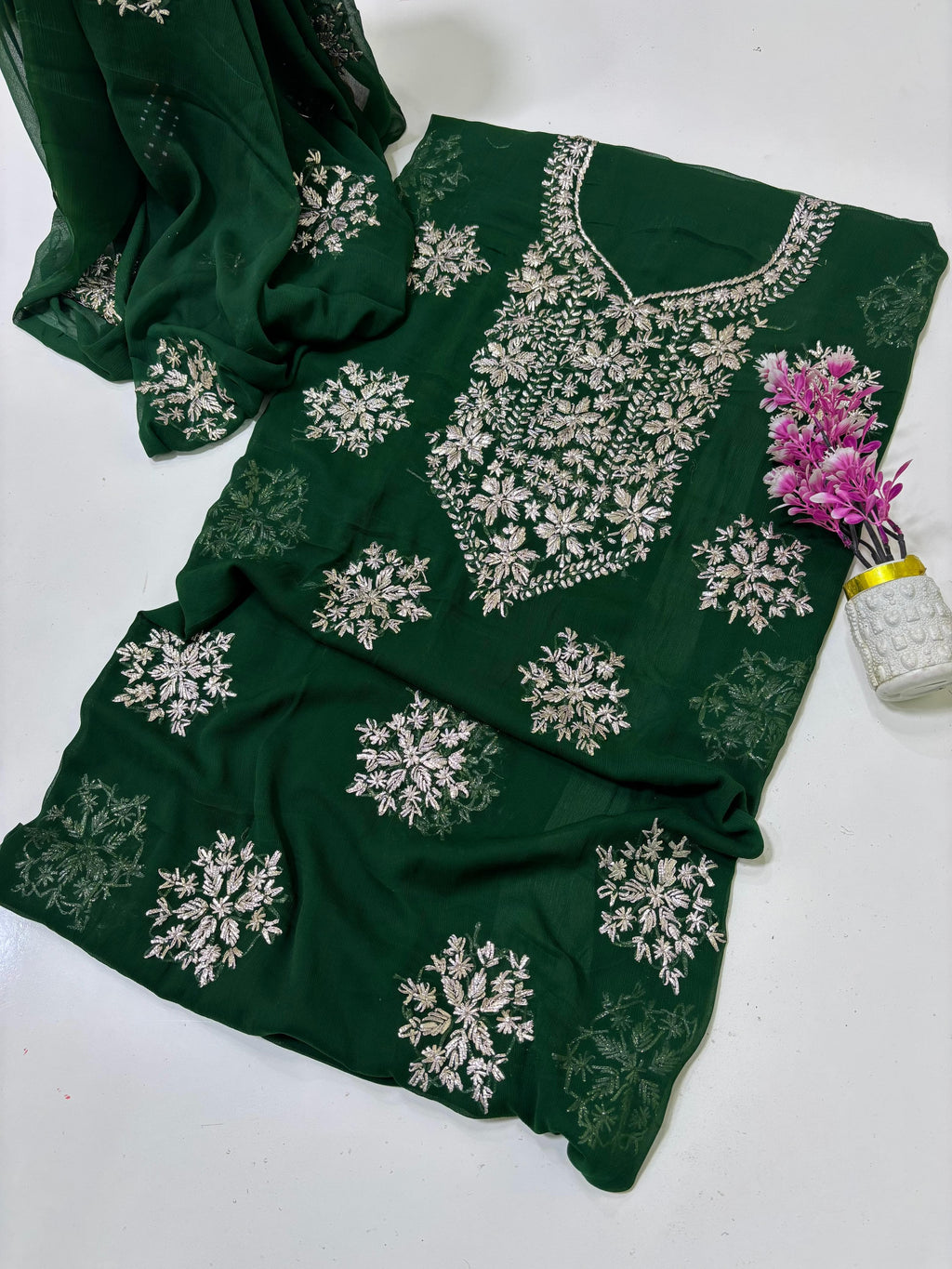 Exquisite Silver Bloom Chiffon Suit