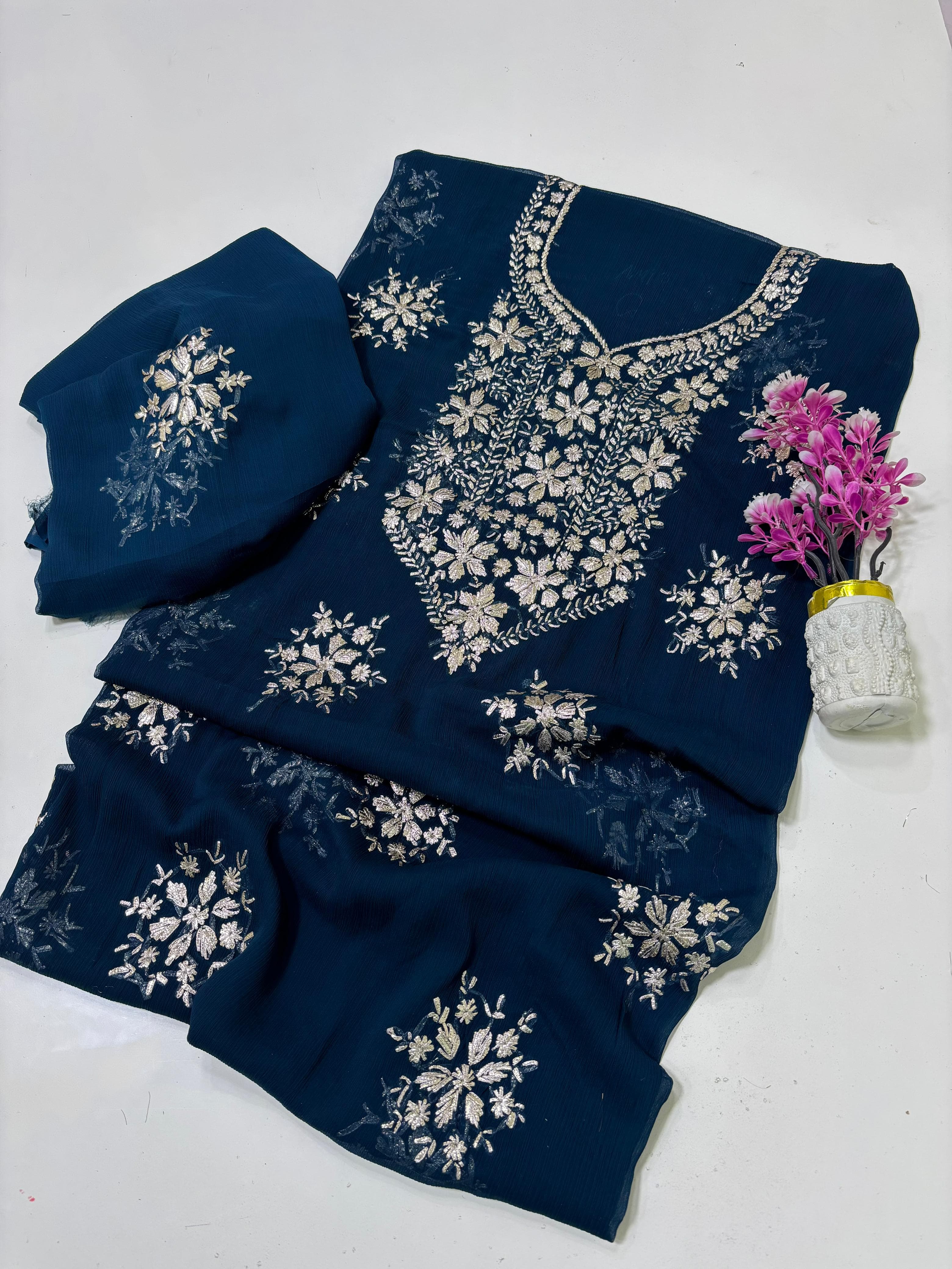 Exquisite Silver Bloom Chiffon Suit