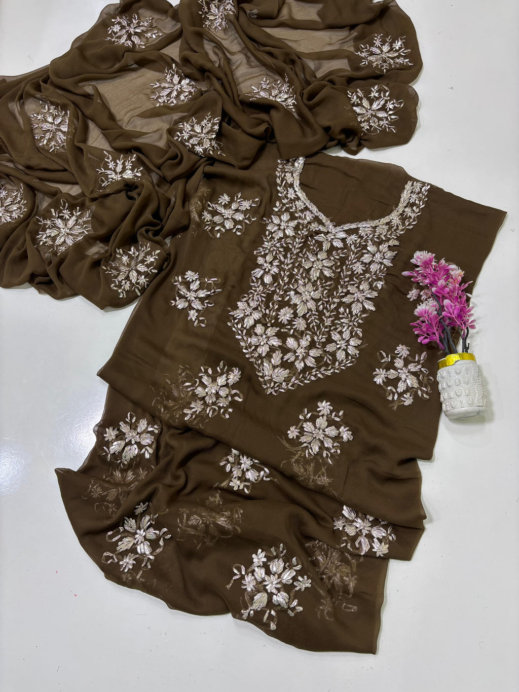 Exquisite Silver Bloom Chiffon Suit