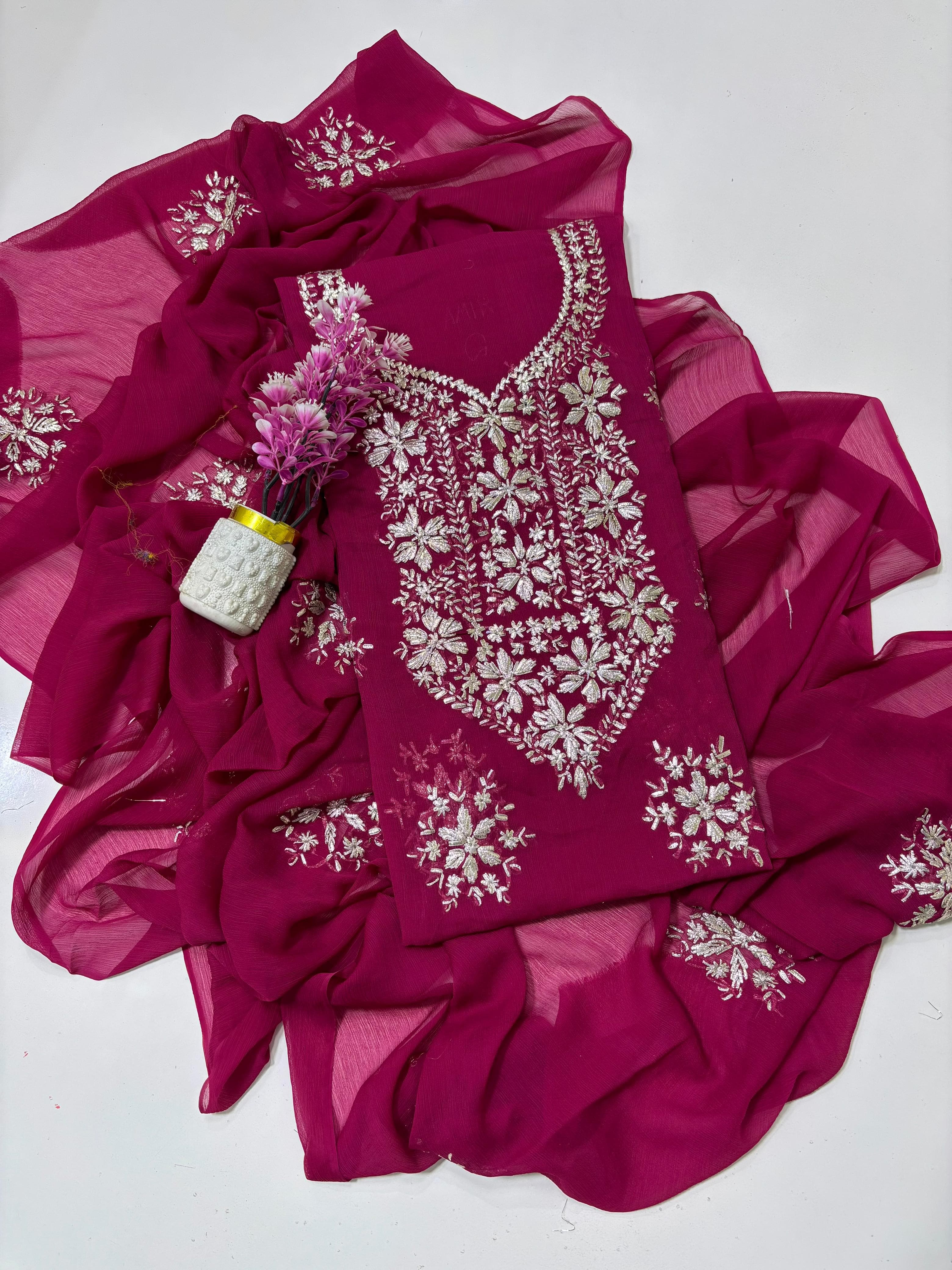 Exquisite Silver Bloom Chiffon Suit