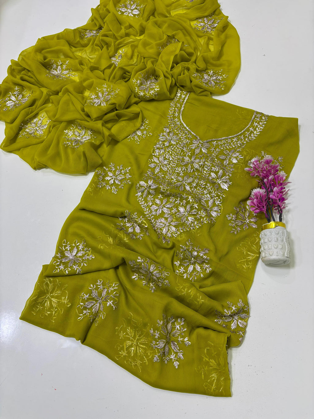 Exquisite Silver Bloom Chiffon Suit