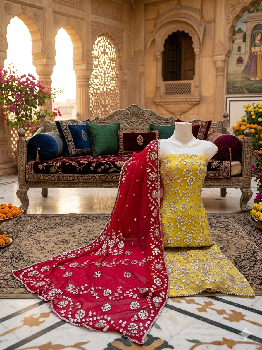 Royal Crimson & Mustard Gota Patti Elegance