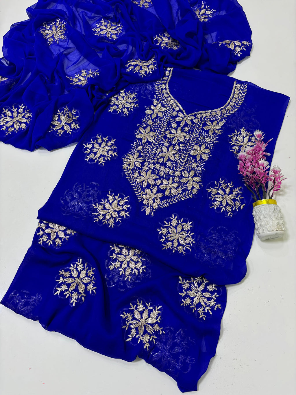 Exquisite Silver Bloom Chiffon Suit